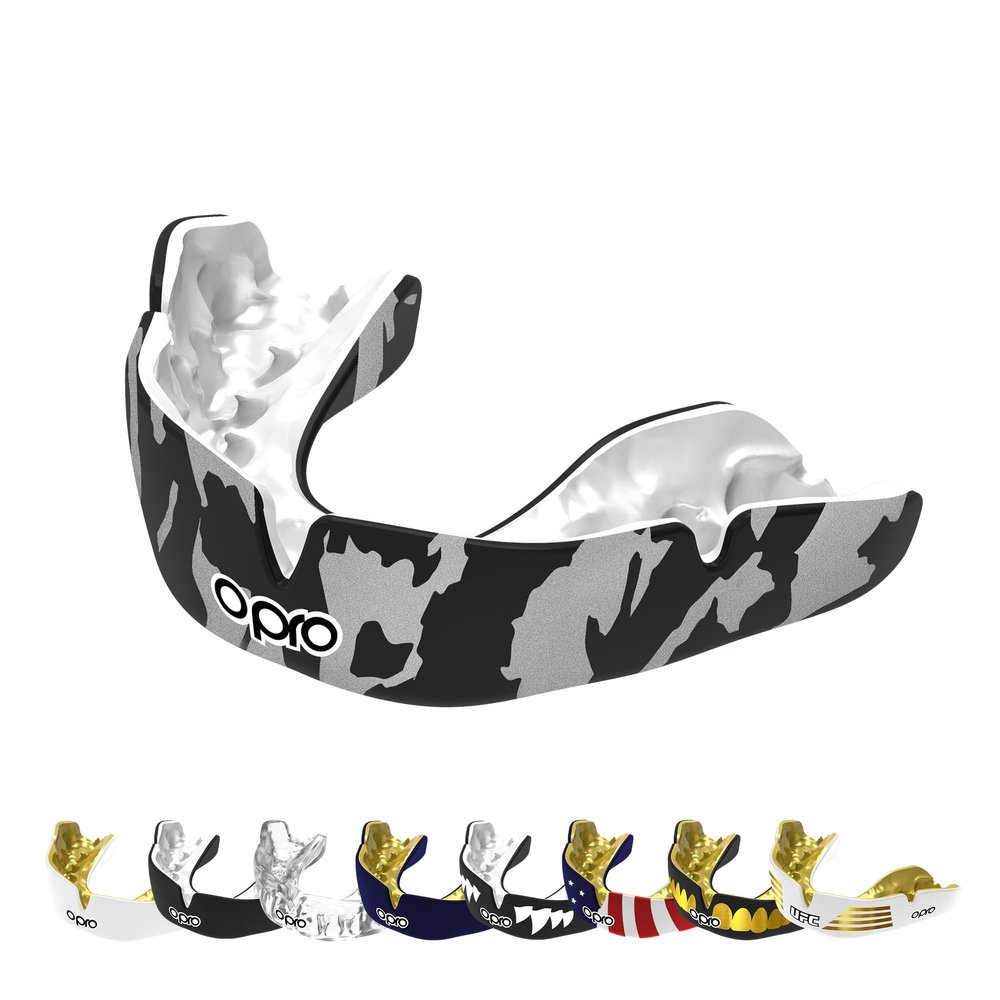 OPRO Instant Custom-Fit Mouth Guard, Dentist-Level Comfort, Protection & Fit - Moldable Mouthguard for Football, Boxing, Rugby, MMA, UFC Mouth Piece- Includes Mouth Guard Case (Silver Camo, Adult)