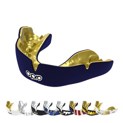 OPRO Instant Custom-Fit Mouth Guard, Dentist-Level Comfort & Fit - Moldable Mouthguard for Football, Boxing, Rugby, MMA, BJJ, UFC Mouth Piece- Includes Mouth Guard Case (Dark Blue/Gold, Adult)