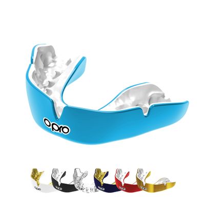 OPRO Instant Custom-Fit Mouth Guard, Dentist-Level Comfort & Fit - Moldable Mouthguard for Football, Boxing, Rugby, MMA, BJJ, UFC Mouth Piece- Includes Mouth Guard Case (Sky Blue/White, Youth)