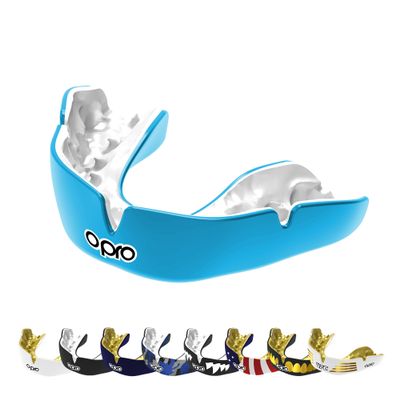 OPRO Instant Custom-Fit Mouth Guard, Dentist-Level Comfort & Fit - Moldable Mouthguard for Football, Boxing, Rugby, MMA, BJJ, UFC Mouth Piece- Includes Mouth Guard Case (Sky Blue/White, Adult)
