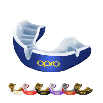 OPRO Gold Level Mouth Guard - Moldable Mouthguard with Premium Comfort Fit, and Multi-Layer Protection for Boxing, MMA, Rugby, Hockey, and Football Mouthpiece  Includes Case (Dark Blue/Pearl, Youth)