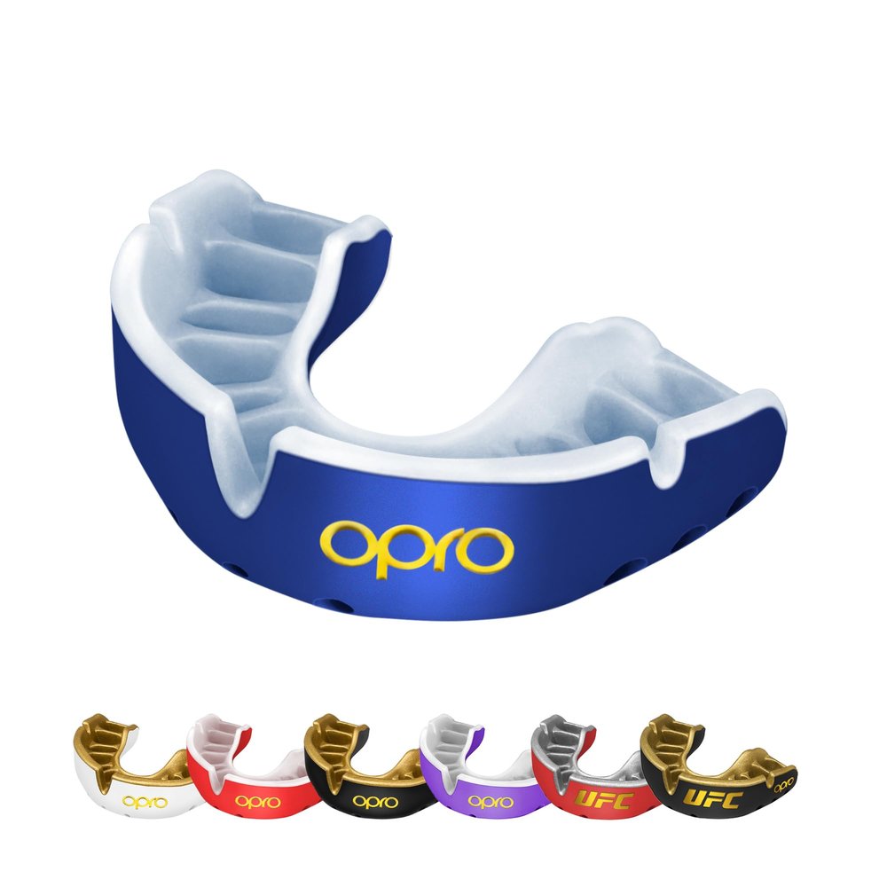 OPRO Gold Level Mouth Guard - Moldable Mouthguard with Premium Comfort Fit, and Multi-Layer Protection for Boxing, MMA, Rugby, Hockey, and Football Mouthpiece  Includes Case (Dark Blue/Pearl, Youth)