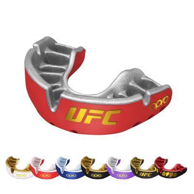 OPRO Gold Level Mouth Guard - Moldable Mouthguard with Premium Comfort Fit, and Multi-Layer Protection for Boxing, MMA, Rugby, Hockey, and Football Mouthpiece  Includes Case (UFC - Red/Silver, Adult)
