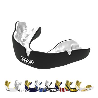 OPRO Instant Custom-Fit Mouth Guard Dentist-Grade Comfort Moldable Sports Mouthpiece for Boxing, Wrestling, MMA, Lacrosse & UFC Impact-Resistant Gum Shield with Case (Black/White, Adult)
