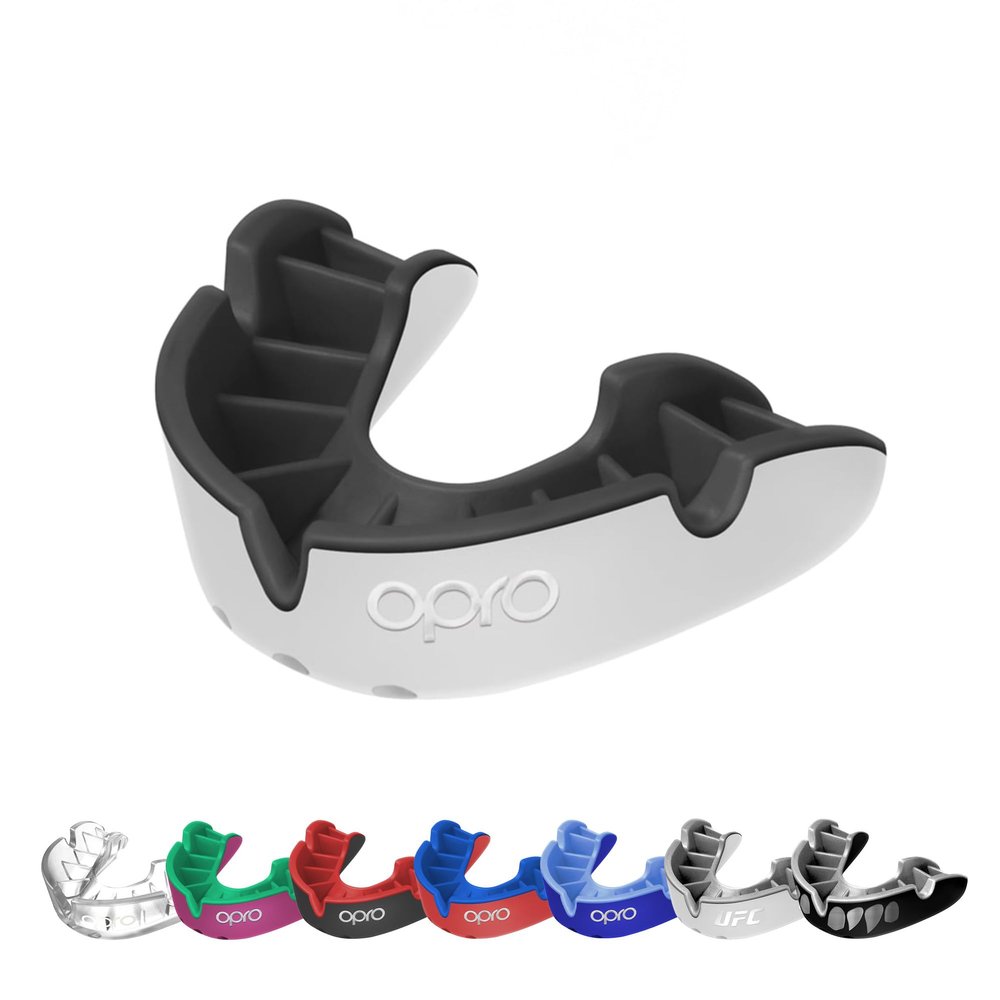 OPRO Sports Mouth Guard Silver Level  Moldable, Multi-Layer Protection for Boxing, Hockey, Rugby, MMA, Jiu Jitsu, UFC & Football  Includes Mouth Guard Case (Adult, White/Black)