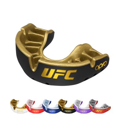 OPRO Gold Level Mouth Guard - Moldable Mouthguard with Premium Comfort Fit, and Multi-Layer Protection for Boxing, MMA, Rugby, Hockey, and Football Mouthpiece  Includes Case (UFC - Black/Gold, Youth)