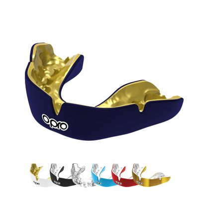 OPRO Instant Custom-Fit Mouth Guard, Dentist-Level Comfort & Fit - Moldable Mouthguard for Football, Boxing, Rugby, MMA, BJJ, UFC Mouth Piece- Includes Mouth Guard Case (Dark Blue/Gold, Youth)