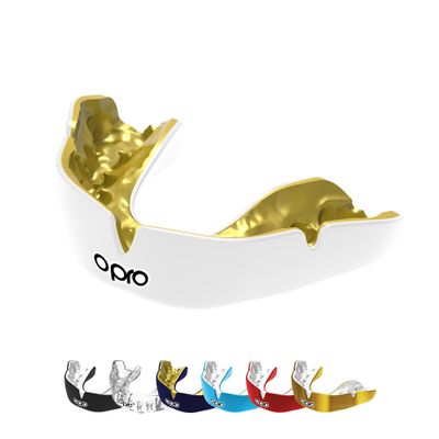 OPRO Instant Custom-Fit Mouth Guard, Dentist-Level Comfort, Protection & Fit - Moldable Mouthguard for Football, Boxing, Rugby, MMA, BJJ, UFC Mouth Piece- Includes Mouth Guard Case (White/Gold, Youth)