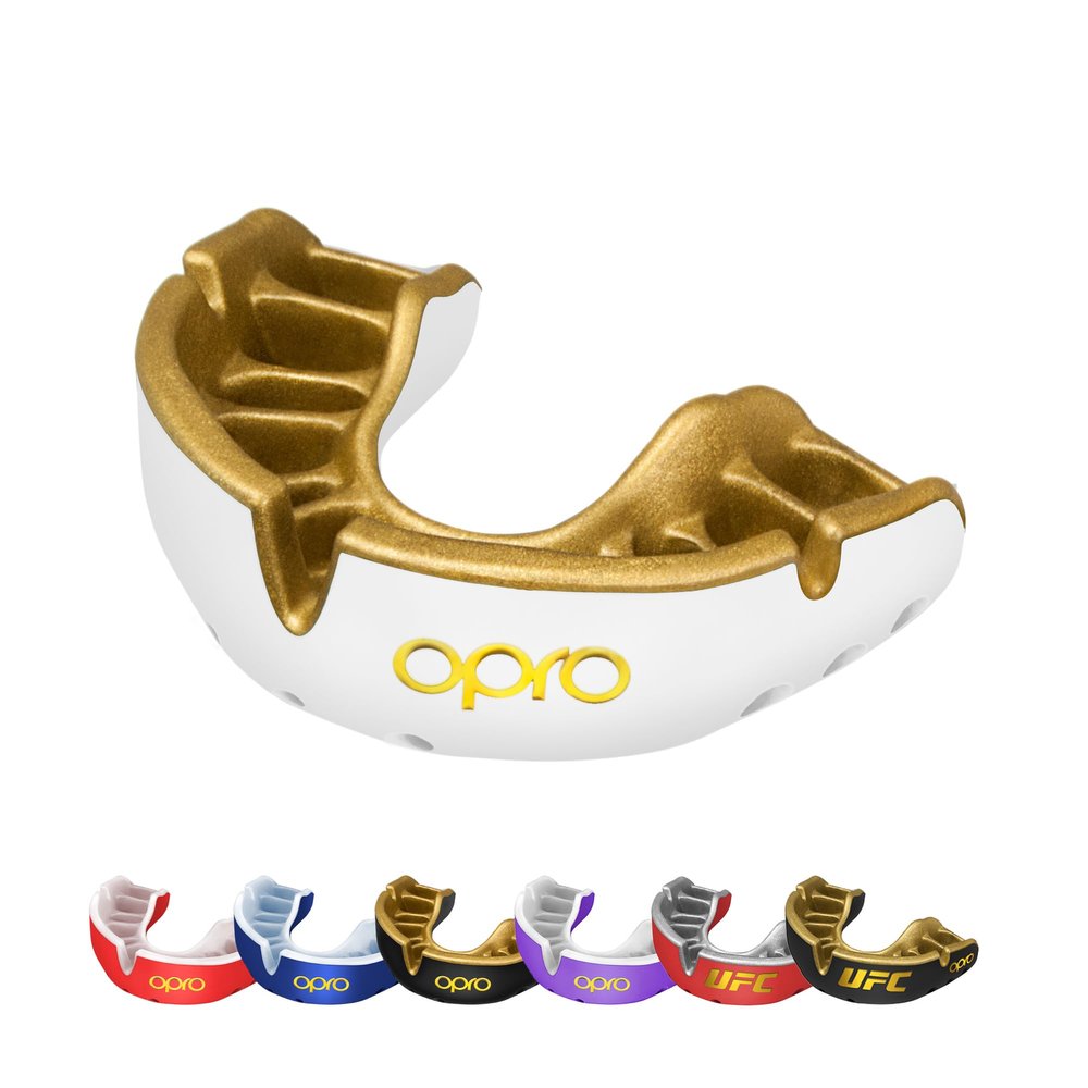 OPRO Gold Level Mouth Guard - Moldable Mouthguard with Premium Comfort Fit, and Multi-Layer Protection for Boxing, MMA, Rugby, Hockey, and Football Mouthpiece  Includes Case (White/Gold, Youth)