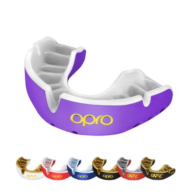 OPRO Gold Level Mouth Guard - Moldable Mouthguard with Premium Comfort Fit, and Multi-Layer Protection for Boxing, MMA, Rugby, Hockey, and Football Mouthpiece  Includes Case (Purple/Pearl, Youth)