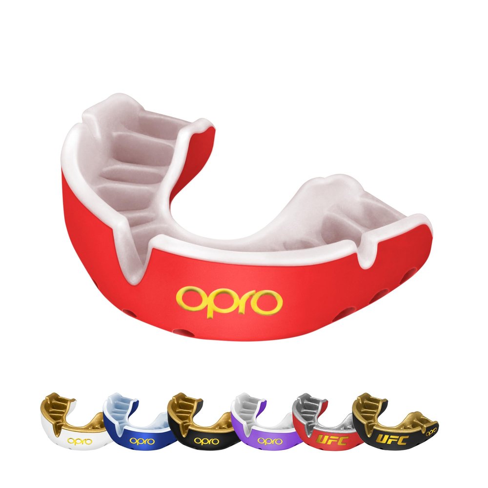 OPRO Gold Level Mouth Guard - Moldable Mouthguard with Premium Comfort Fit, and Multi-Layer Protection for Boxing, MMA, Rugby, Hockey, and Football Mouthpiece  Includes Case (Red/Pearl, Youth)