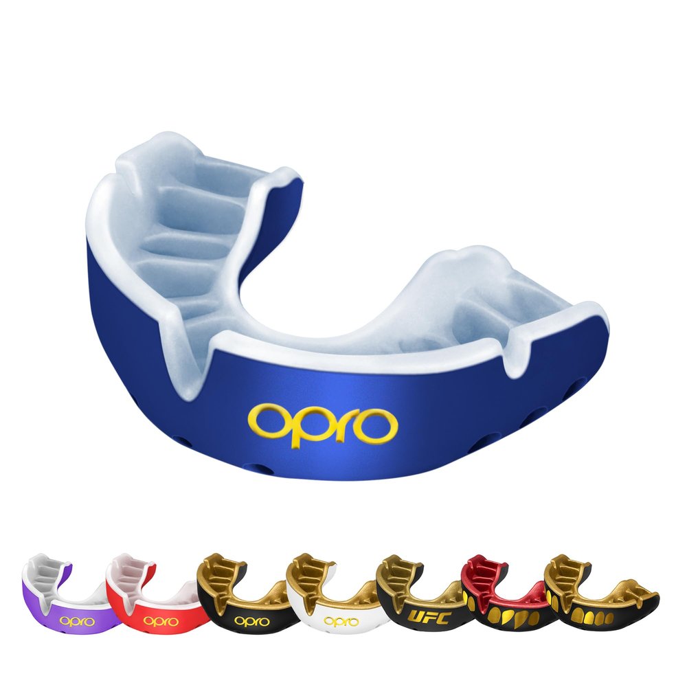 OPRO Gold Level Mouth Guard - Moldable Mouthguard with Premium Comfort Fit, and Multi-Layer Protection for Boxing, MMA, Rugby, Hockey, and Football Mouthpiece  Includes Case (Dark Blue/Pearl, Adult)