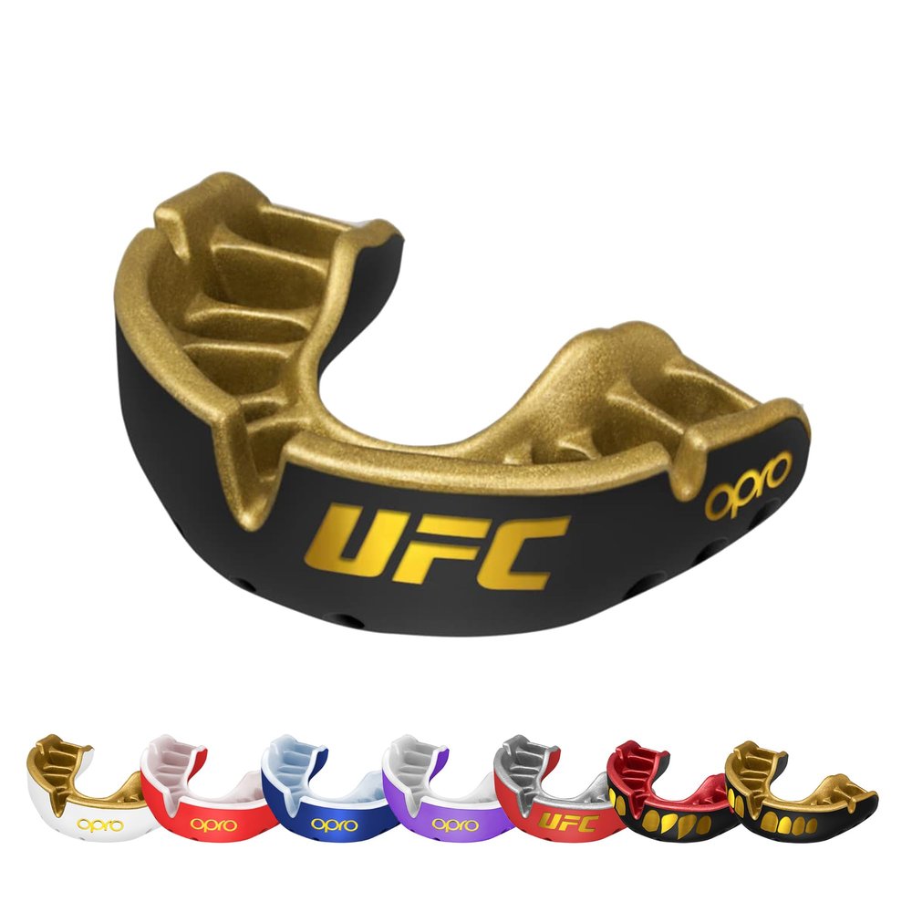 OPRO Gold Level Mouth Guard - Moldable Mouthguard with Premium Comfort Fit, and Multi-Layer Protection for Boxing, MMA, Rugby, Hockey, and Football Mouthpiece  Includes Case (UFC - Black/Gold, Adult)