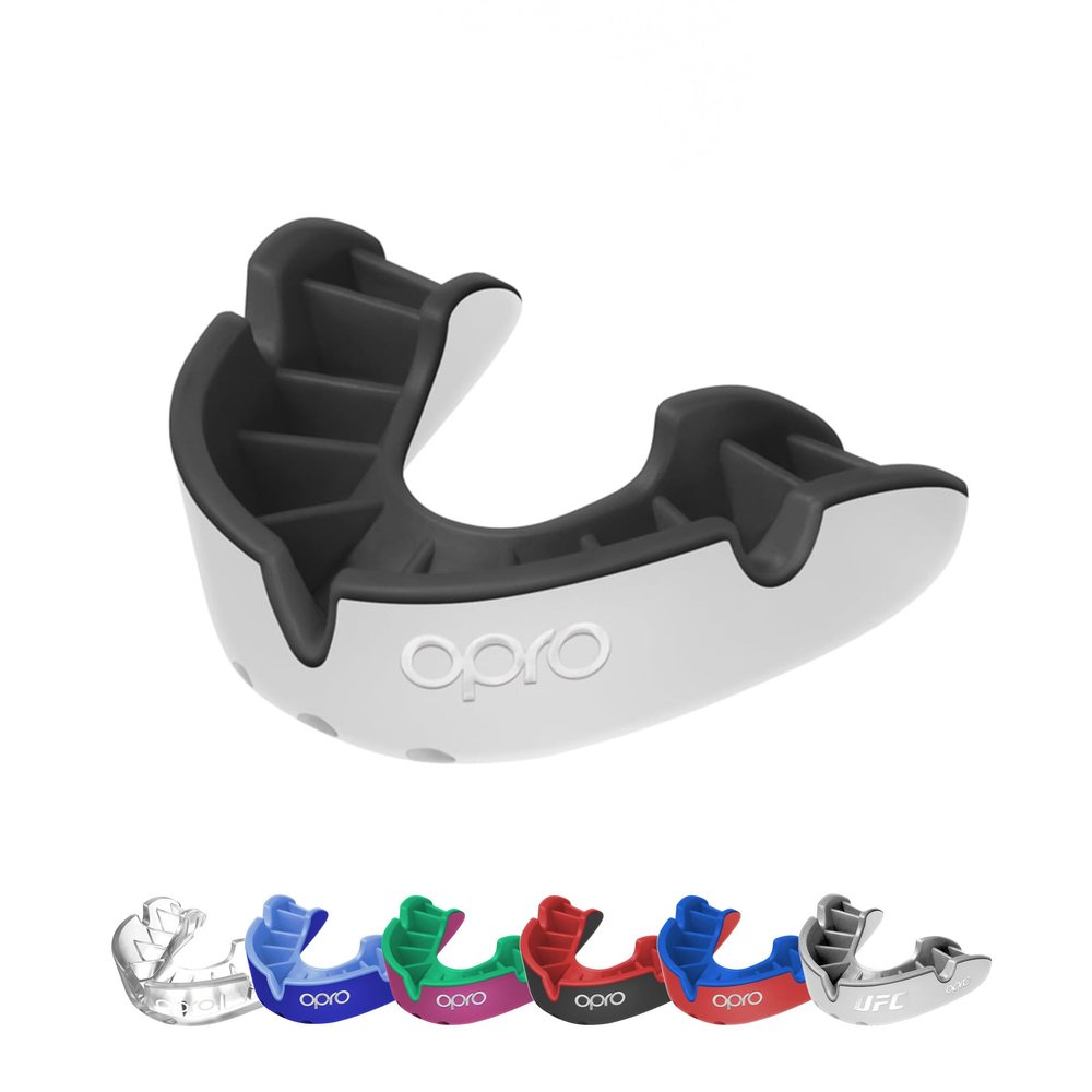 OPRO Sports Mouth Guard Silver Level  Moldable, Multi-Layer Protection for Boxing, Hockey, Rugby, MMA, Jiu Jitsu, UFC & Football  Includes Mouth Guard Case (Youth, White/Black)