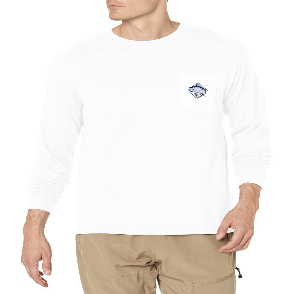 HUK Men's Standard Pocket Tee | Long Sleeved Fishing T-Shirt, Big Tuna-White, 3X-Large