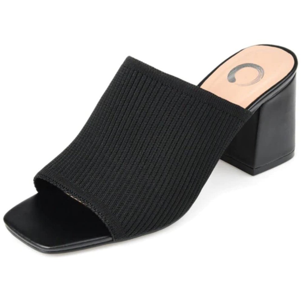 Journee Square Open Toe Chunky Block Heel Knit Slip-On Pump for Women - Lorenna Heeled Fashion Mule Black, 9 Wide