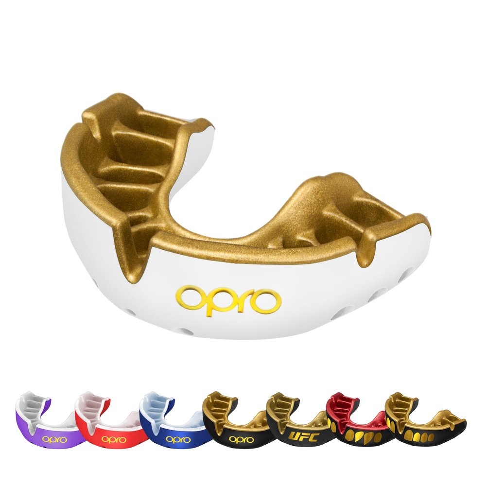OPRO Gold Level Mouth Guard - Moldable Mouthguard with Premium Comfort Fit, and Multi-Layer Protection for Boxing, MMA, Rugby, Hockey, and Football Mouthpiece  Includes Case (White/Gold, Adult)