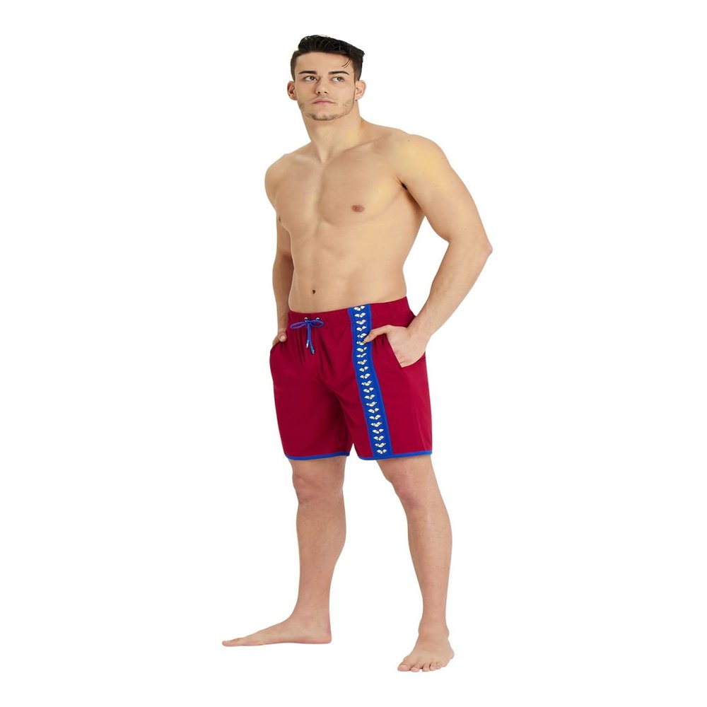 ARENA Men's Icons Beach Bermuda Logo Swim Trunk Beach Shorts, Burgundy/Neon Blue, X-Small
