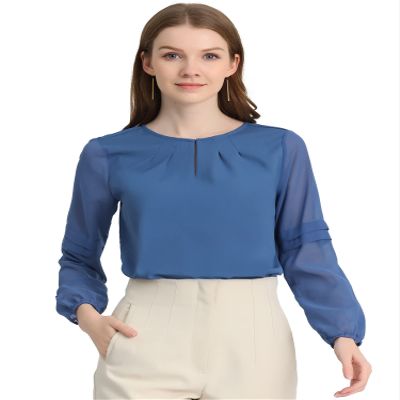 Allegra K Women's Work Tops Keyhole Neck Long Sleeve Work Shirts Blouse Dressy Casual Business Shirt X-Small Deep Blue