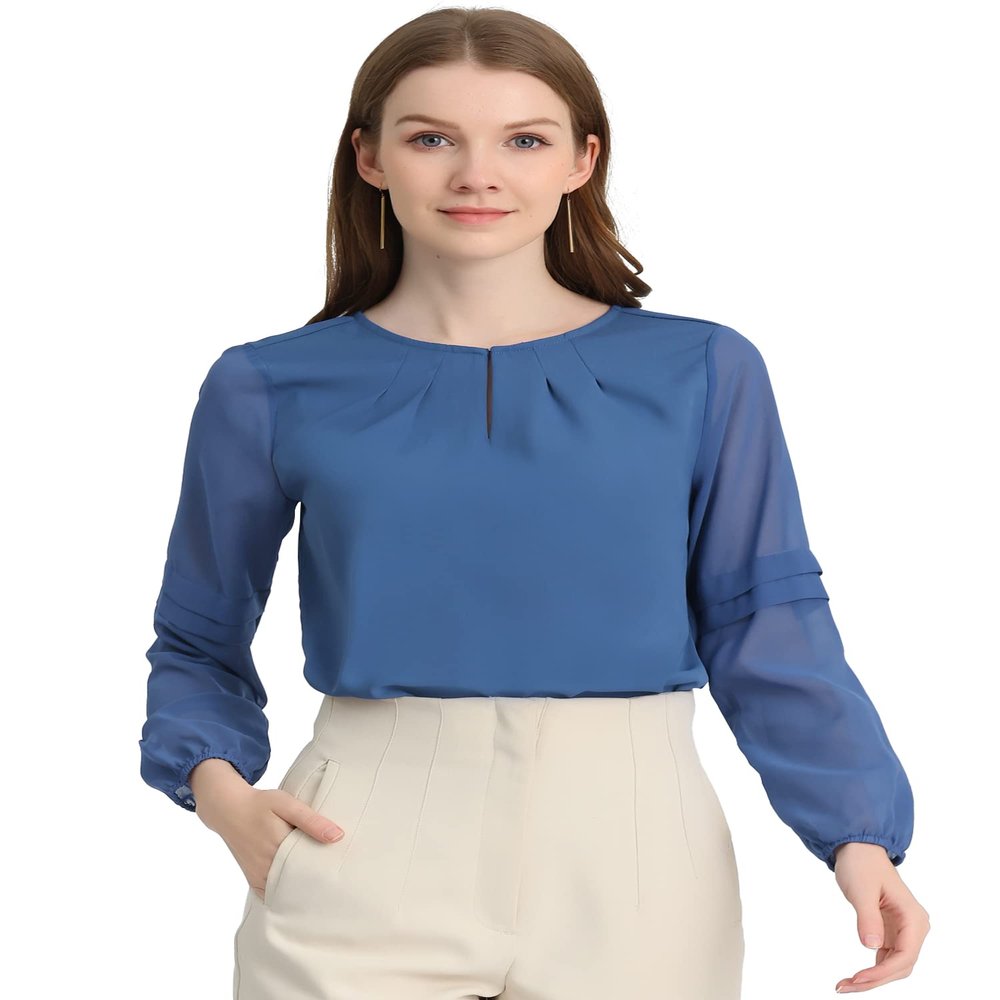 Allegra K Women's Work Tops Keyhole Neck Long Sleeve Work Shirts Blouse Dressy Casual Business Shirt X-Small Deep Blue