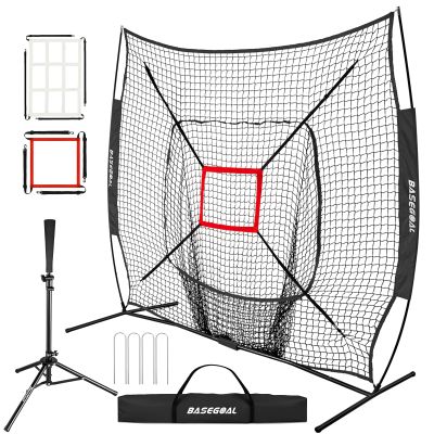 BaseGoal 7'7' Baseball Softball Practice Net,Baseball Backstop,with Batting Tee,for Hitting Pitching Batting Catching with Bow Frame,Bonus Strike Zone (Black-A)