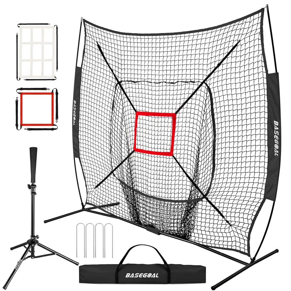 BaseGoal 7'7' Baseball Softball Practice Net,Baseball Backstop,with Batting Tee,for Hitting Pitching Batting Catching with Bow Frame,Bonus Strike Zone (Black-A)