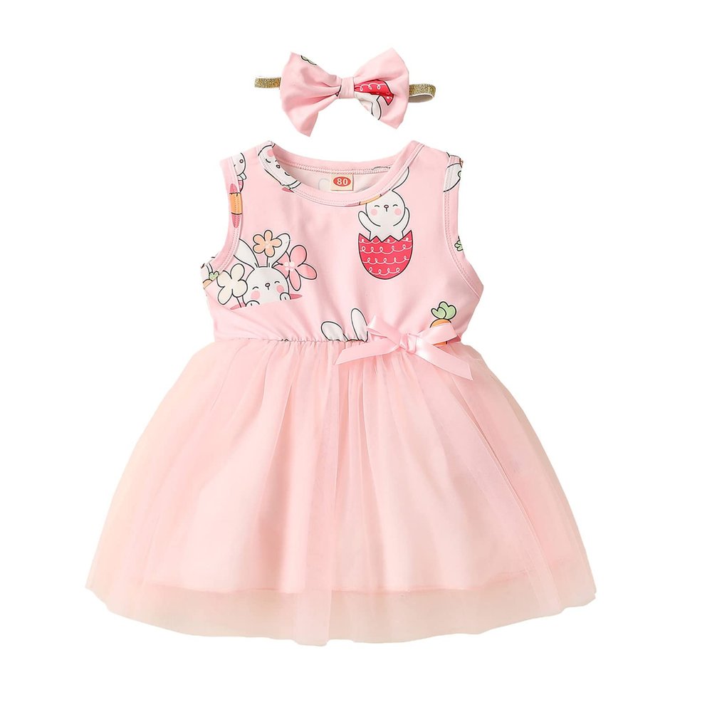 Digood Toddler Baby Girls Tulle Princess Dress Easter Cartoon Rabbit Printed Sleeveless Playwear Casual Dress Headbands(Pink,2-3 Years), Pinkc