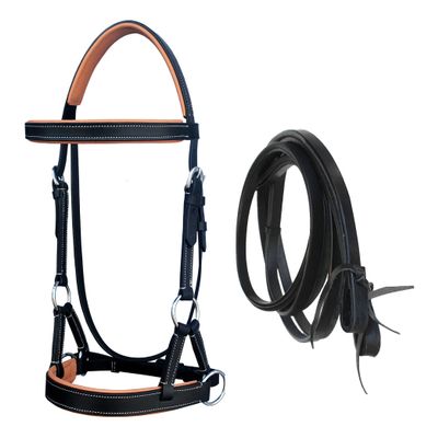 CHALLENGER Horse Western Leather Tan Padded Bitless Sidepull Bridle Reins 77RS33TN-F