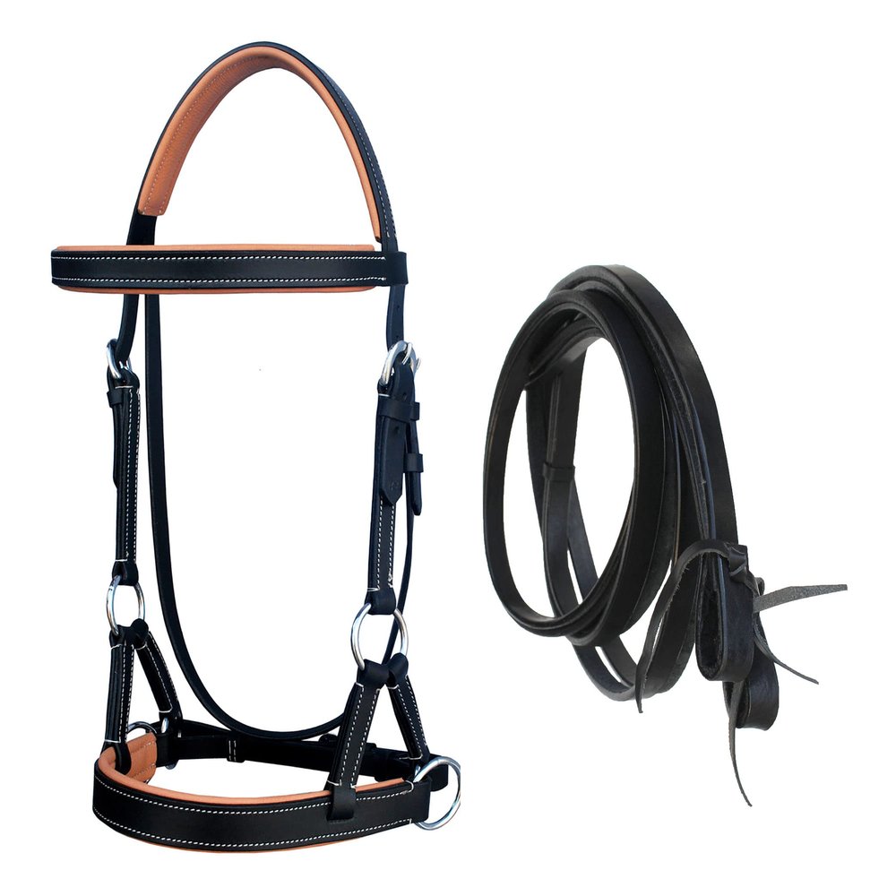 CHALLENGER Horse Western Leather Tan Padded Bitless Sidepull Bridle Reins 77RS33TN-F