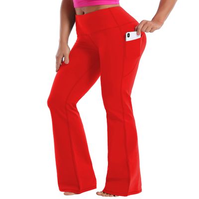 BUBBLELIME 29"/31"/33"/35"/37" Women High Waist Bootlegs Yoga Pants Tummy Control Bootcut Workout Flared Out Pockets -Scarlet Large_33" Inseam