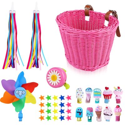 Kid's Bicycle Basket, Kids Bike Basket,Girls Bike Basket with Colorful Bike Streamers Bell,Bicycle Windmill, DIY Bike Decoration Accessories Kit for Girls (Pink)