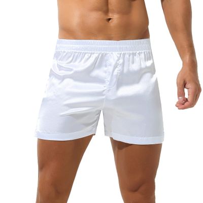 Agoky Men's Silky Satin Boxers Shorts Trunks Style Underwear Loose Smooth Sleepwear Pants 2# White Medium