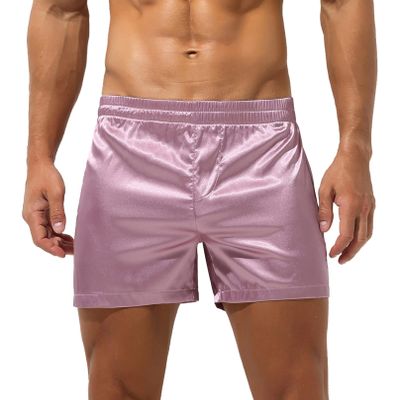 Agoky Men's Silky Satin Boxers Shorts Trunks Style Underwear Loose Smooth Sleepwear Pants 2# Pink Medium