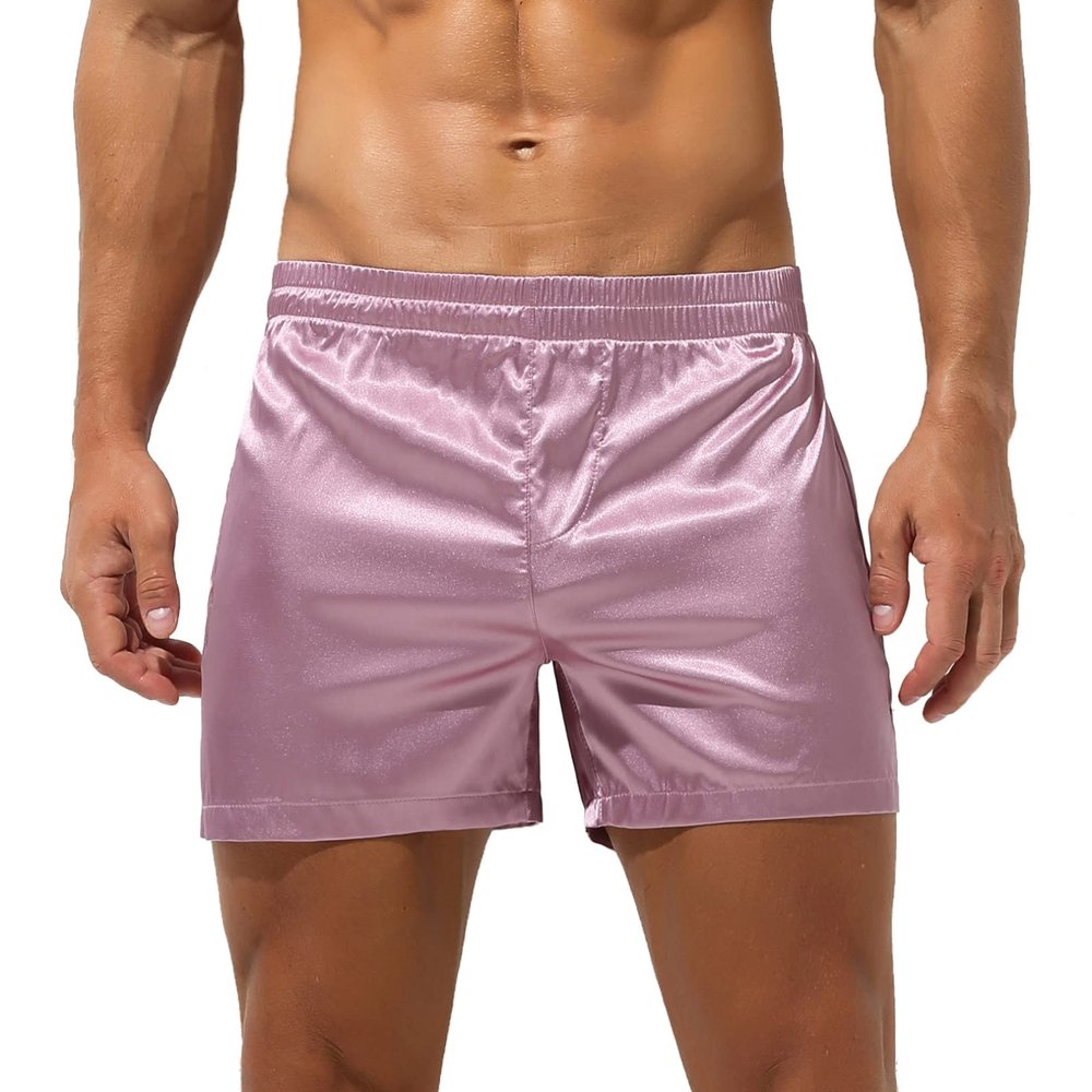 Agoky Men's Silky Satin Boxers Shorts Trunks Style Underwear Loose Smooth Sleepwear Pants 2# Pink Medium