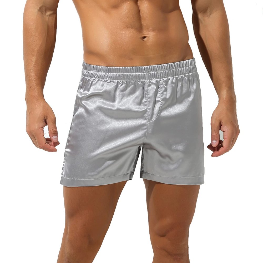 Agoky Men's Silky Satin Boxers Shorts Trunks Style Underwear Loose Smooth Sleepwear Pants 2# Grey Large