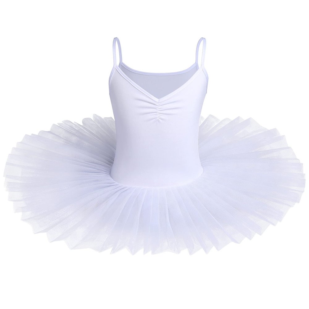 Toddler Girls Ballet Dance Dress Leotard Camisole Sleeveless Skirted Ballerina Tank Kid Gymnastic Spaghetti Shoulder Straps V-Neck Dancewear Tulle Costume Performance Dresses White 9-10 Years