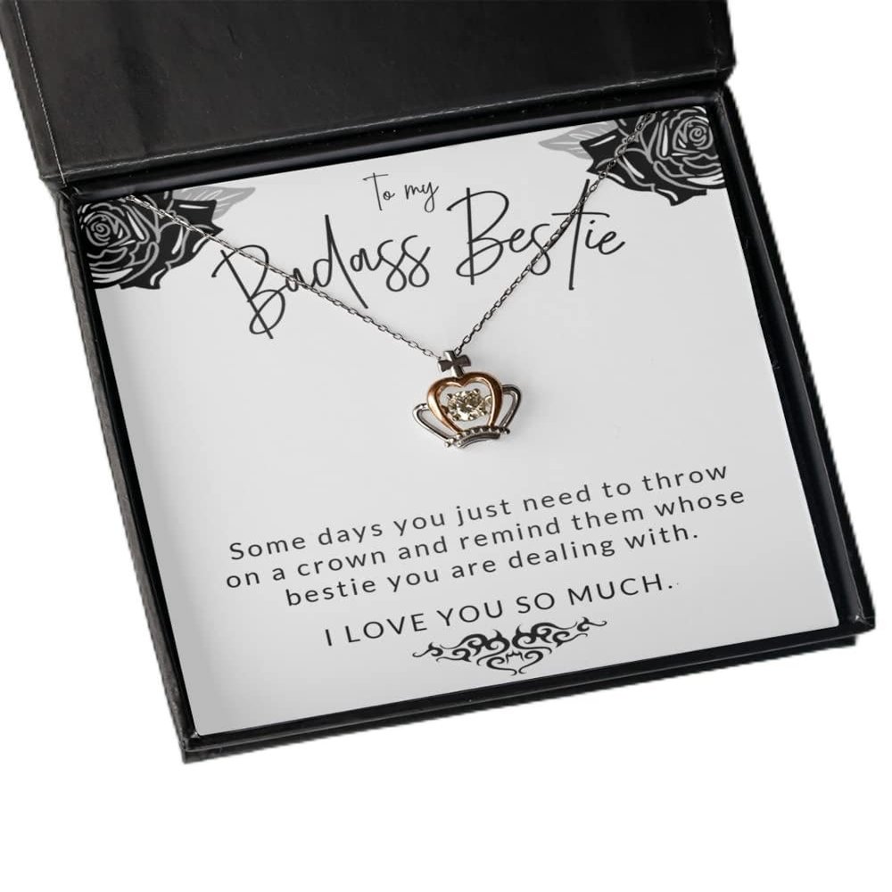Crown Pendant Necklace - Badass Bestie Jewelry from Best Friend for Birthday Or Christmas, Hard Times Achievement Inspirational Positive Quote Rose Go