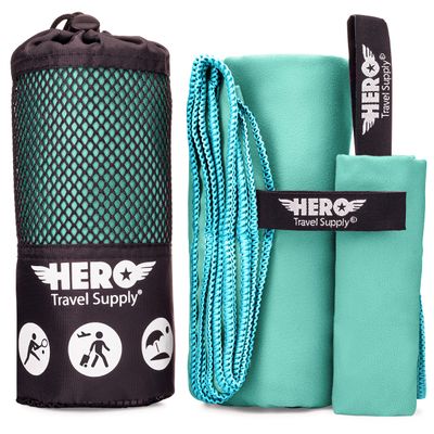 Hero Microfiber Towel, Camping, Beach, Gym, Includes Bonus Washcloth (Aquamarine, 24" x 48")