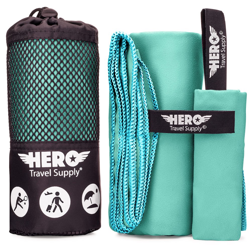 Hero Microfiber Towel, Camping, Beach, Gym, Includes Bonus Washcloth (Aquamarine, 24" x 48")