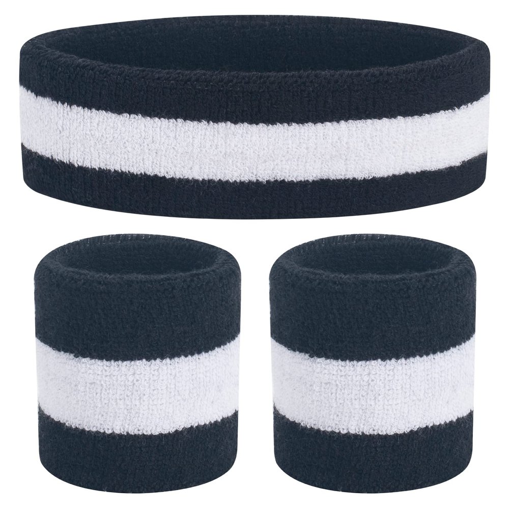ONUPGO Kids Sweatbands Headband Wristband Set - Athletic Cotton Sweat Band for Sports (1 Headband + 2 Wristbands) (Black/White/Black)