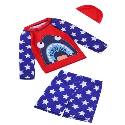 Hansber Infant Boys Rash Guard Swimwear Shark Printed Sun Protection Surfing Wetsuit 2 Pieces Swimsuit Red-Blue 5-6 Years