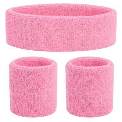 ONUPGO Kids Sweatbands Headband Wristband Set - Athletic Cotton Sweat Band for Sports (1 Headband + 2 Wristbands) (Light Pink)