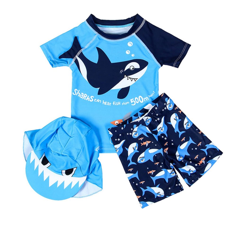 Moggemol Kids Boys 2 Piece Rash Guard Swimsuit Short Sleeve Shark Bathing Suit with Hat UPF 50+ Blue 3-4 Years