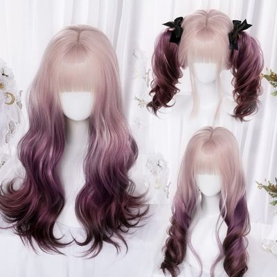 XiongXiongLe Long Wave Curly Hair Costume Wig Harajuku Style Women Gold Purple Gradient High Temperature Silk Wig for Gril Daily Wear Music Festival Themed Parties Halloween Wedding