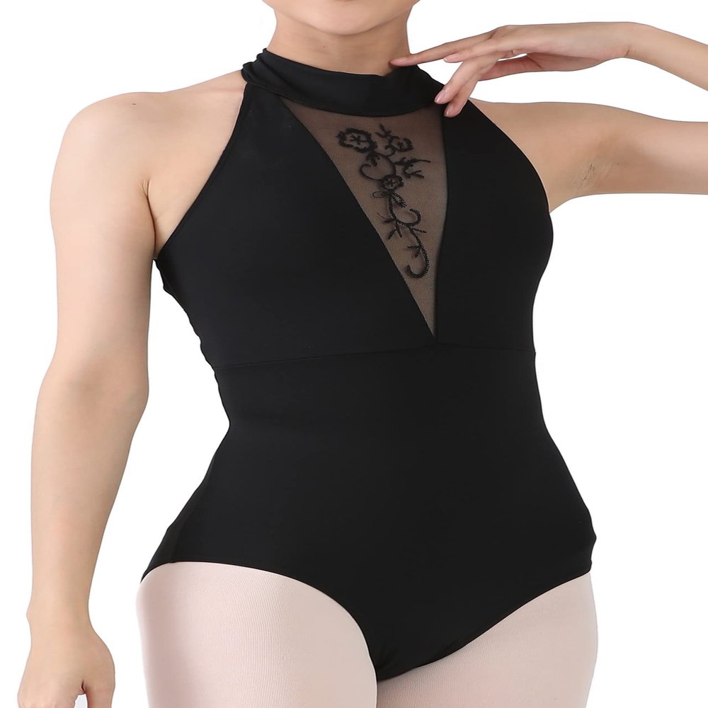 Dance Elite - Isadora - Deep V mesh Front Dance leotard. Leotards for Women Ballet and Dance (Black, Adult XL)