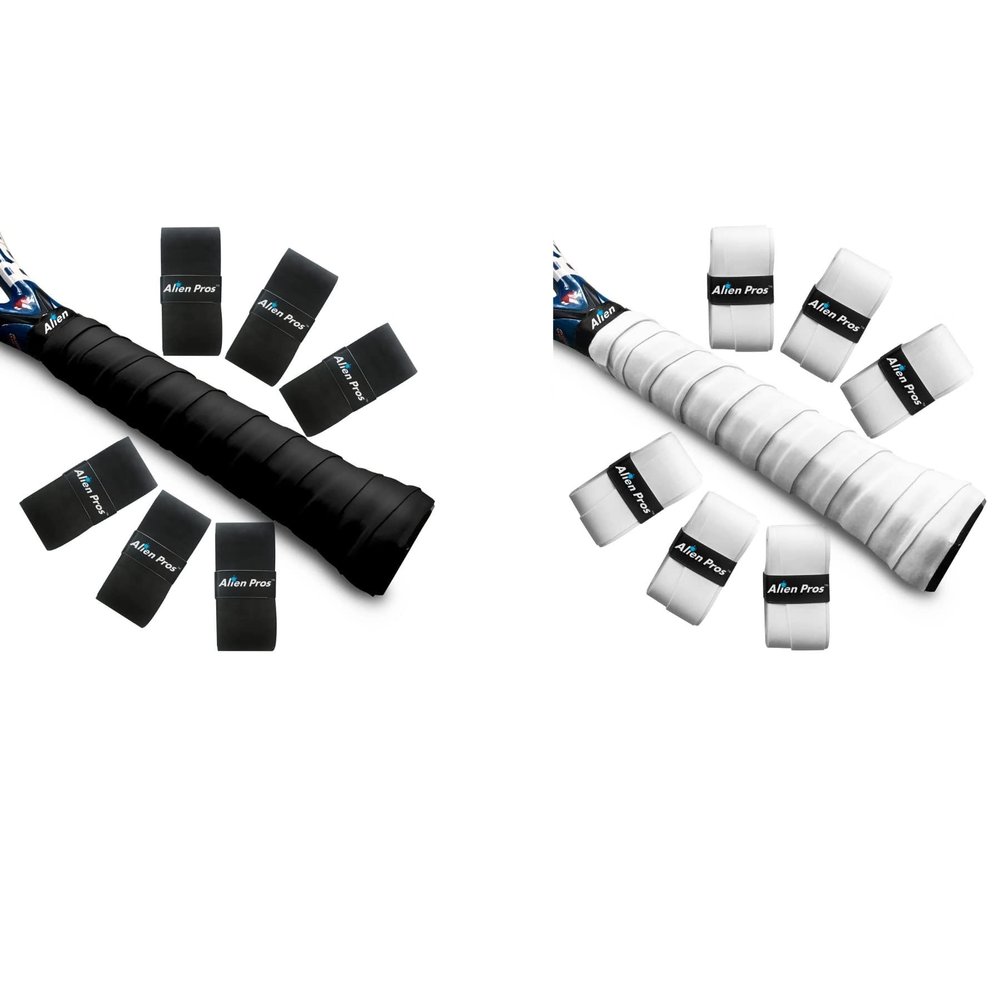 ALIEN PROS 12 Pack Black & White Tennis Racket Grip Tape  Precut and Light Tac Feel Tennis Grip