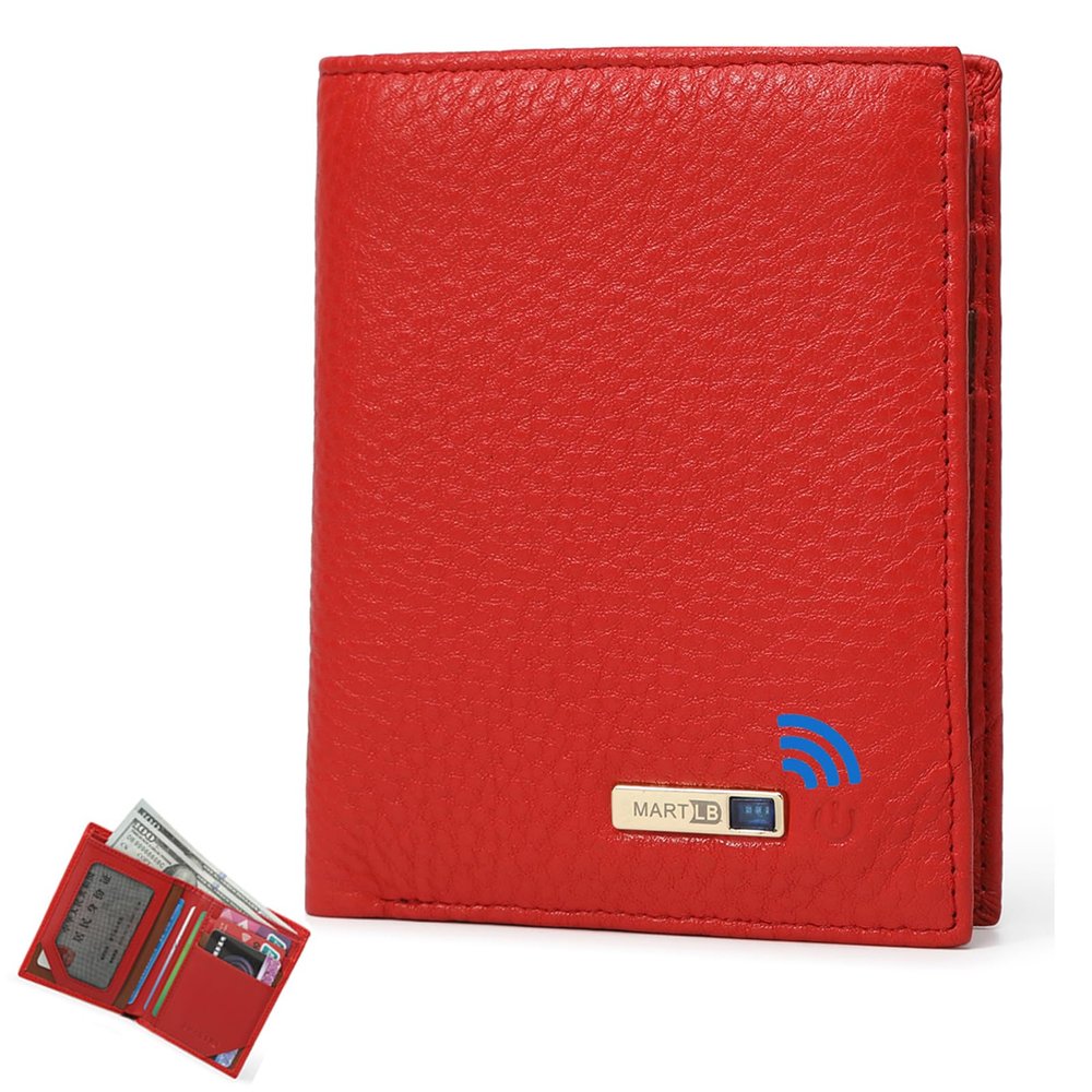 SMART LB Anti-Lost Bluetooth Wallet Tracker & Finder, Mens Slim Minimalist trackable Cool leather wallet Credit Card Holder Gifts with Box (Red)