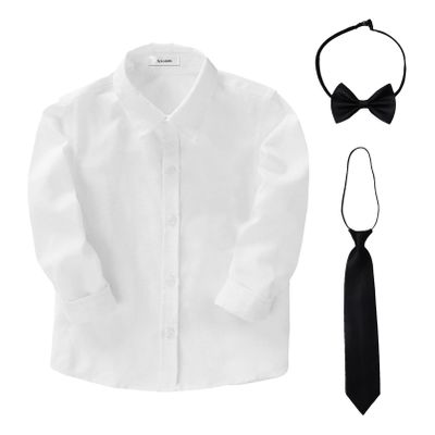 Boys Uniform Dress Shirt Cotton Long Sleeve Button Down White Tops with Tie & Bowtie Set for School Church Wedding, 170