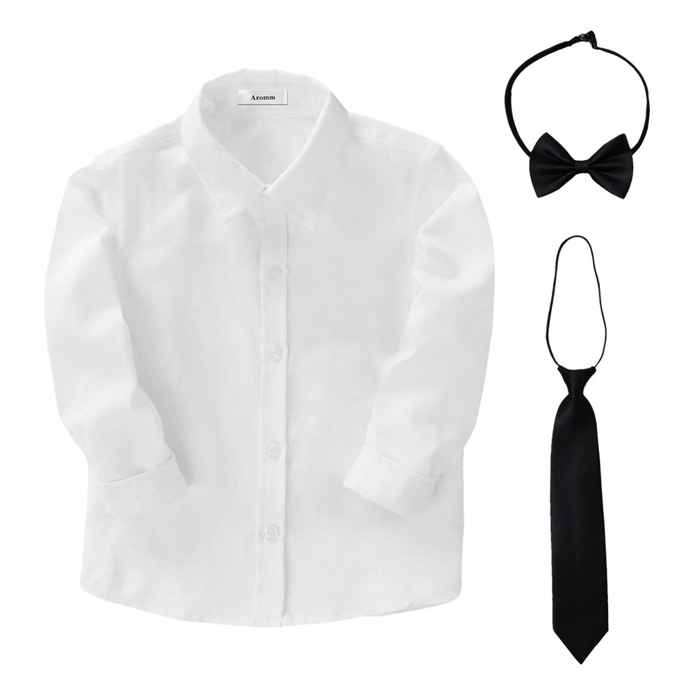 Boys Uniform Dress Shirt Cotton Long Sleeve Button Down White Tops with Tie & Bowtie Set for School Church Wedding, 170