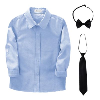 Boys Uniform Dress Shirt Cotton Long Sleeve Button Down Blue Tops with Tie & Bowtie Set for School Church Wedding, 170